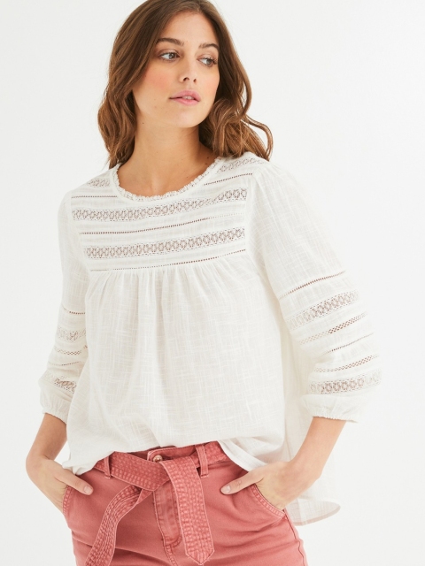 

promod Women White Self Design Top with Lace Inserts