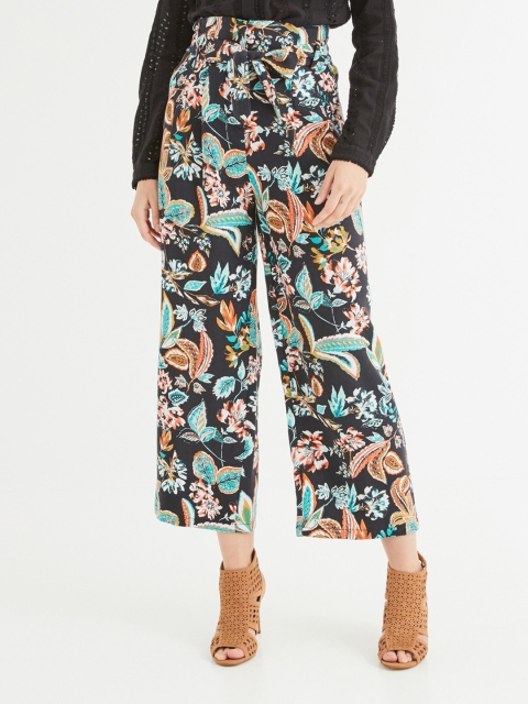 

promod Women Black & Sea Green Regular Fit Printed Parallel Trousers