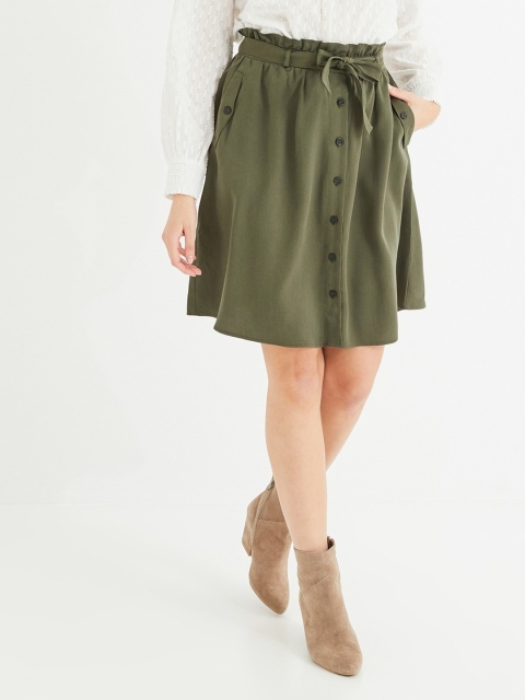 

promod Women Olive Green Solid Mini Flared Skirt
