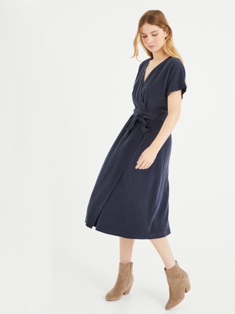 

promod Women Navy Blue Solid Wrap Dress