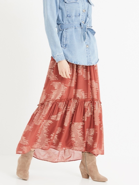 

promod Women Rust Orange & Golden Self Design Tiered Maxi Skirt