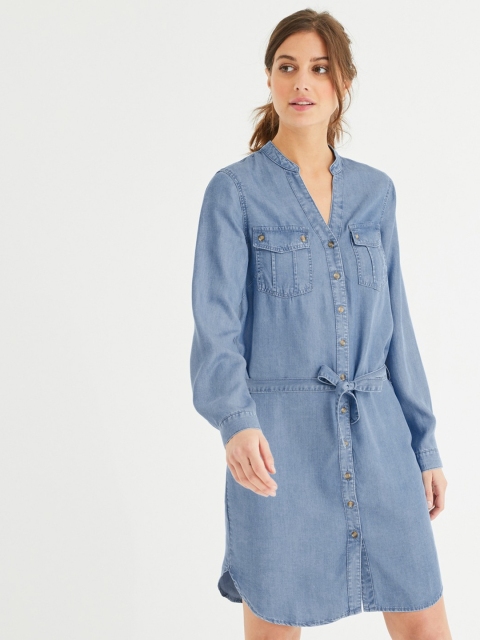 

promod Women Blue Solid Denim Shirt Dress