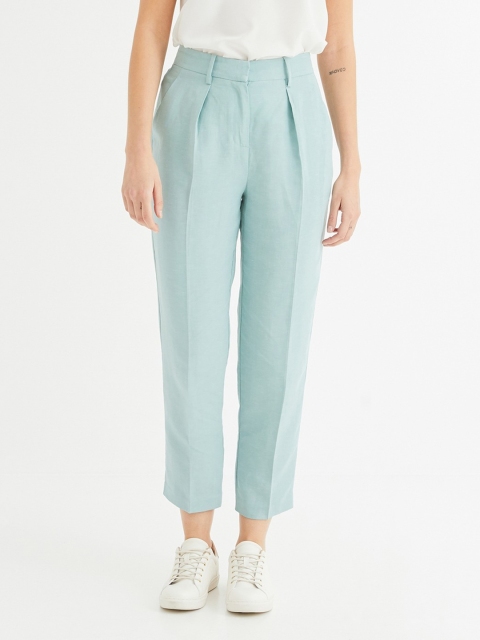 

promod Women Sea Green Regular Fit Solid Smart Casual Trousers