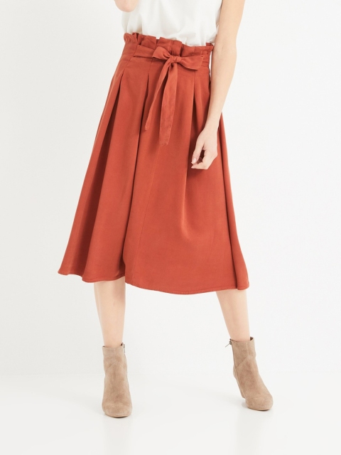 

promod Women Rust Brown Solid A-line Midi Skirt