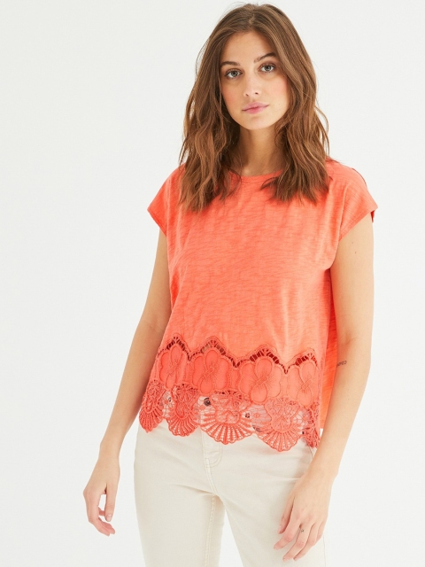 

promod Women Coral Orange Lace Detail Top