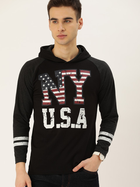 

Moda Rapido Men Black Printed Hooded T-shirt