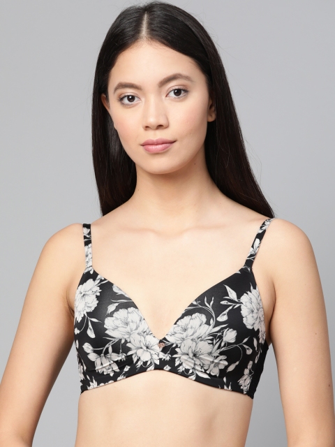 

Marks & Spencer Black & Off-White Printed Non-Wired Lightly Padded Plunge Bra