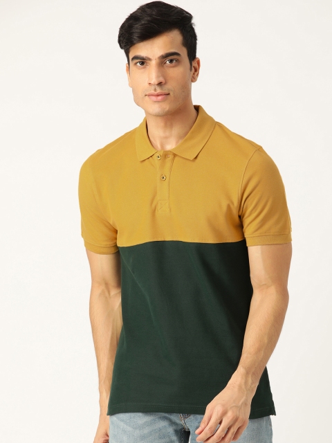 

Marks Spencer Men Mustard Yellow Green Colourblocked Slim Fit Polo Collar Pure Cotton T-shirt