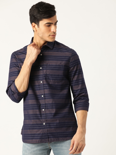 

Marks & Spencer Men Navy Blue & Burgundy Regular Fit Striped Casual Shirt