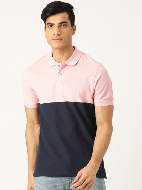 

Marks Spencer Men Pink Navy Blue Colourblocked Slim Fit Polo Collar Pure Cotton T-shirt