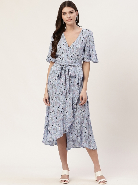 

Marks & Spencer Women Blue & White Floral Print Asymmetric Wrap Dress