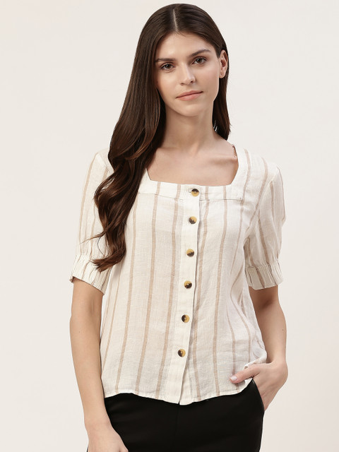 

Marks & Spencer Women Linen Beige & Brown Striped Top