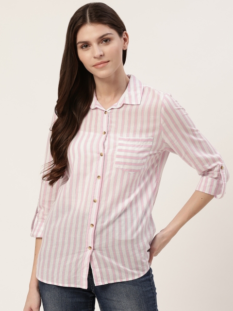 

Marks & Spencer Women Pink & White Semi-Sheer Striped Casual Shirt