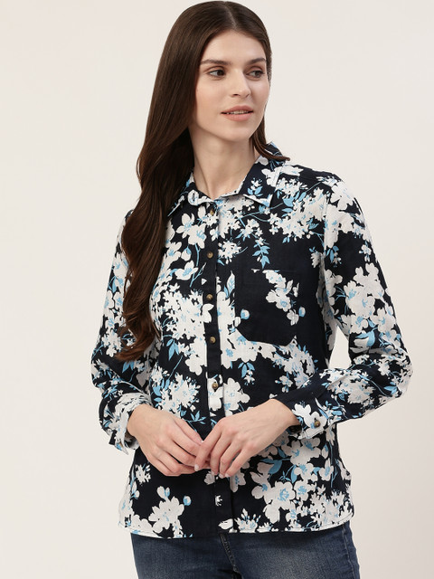 

Marks & Spencer Women Navy Blue & White Linen Regular Fit Floral Print Casual Shirt