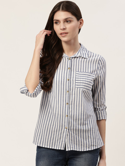 

Marks & Spencer Women Blue & White Regular Fit Striped Casual High-Low Shirt