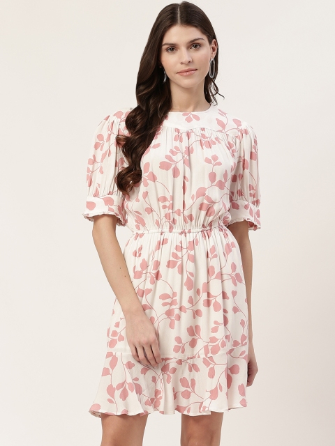 

Marks & Spencer Women White & Peach-Coloured Floral Print Blouson Dress