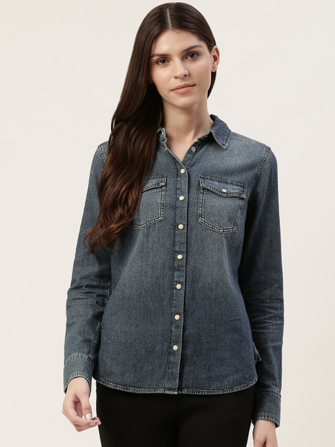 

Marks & Spencer Women Navy Blue Washed Denim Casual Shirt