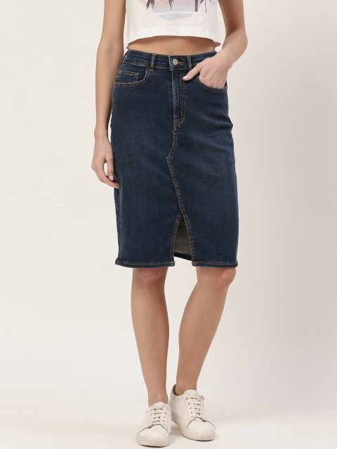 

Marks & Spencer Women Navy Blue Washed Denim Straight Skirt