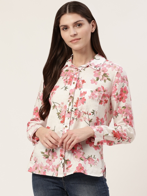 

Marks & Spencer Women Linen White & Pink Regular Fit Floral Print Casual Shirt