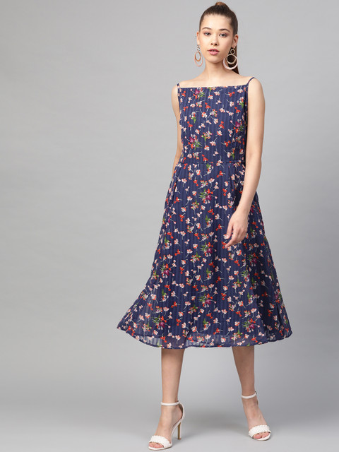 

plusS Women Navy Blue & Orange Floral Print A-Line Dress