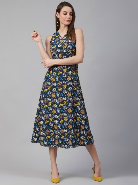 

plusS Women Navy Blue & Mustard Yellow Floral Print Wrap Dress