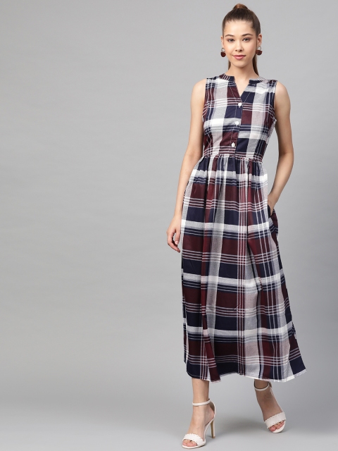 

plusS Women Navy Blue & Burgundy Checked Maxi Dress