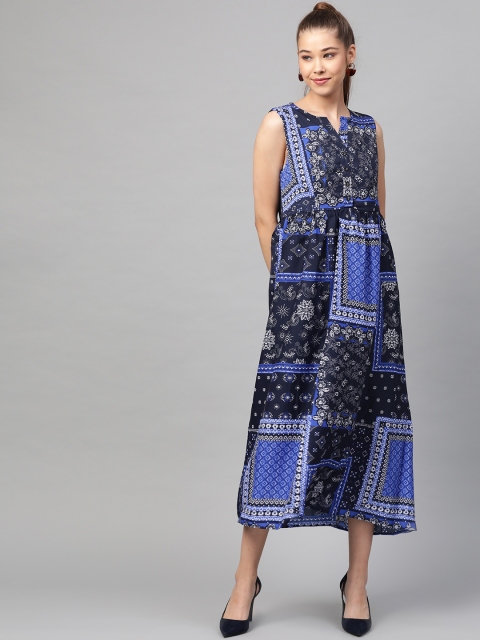 

plusS Women Blue & White Printed Maxi Dress
