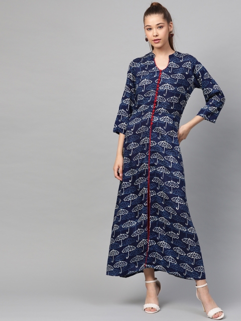 

plusS Women Navy Blue & Off-White Conversational Printed Maxi Dress
