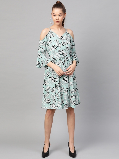 

plusS Women Green & Black Tropical Print Cold-Shoulder A-Line Dress