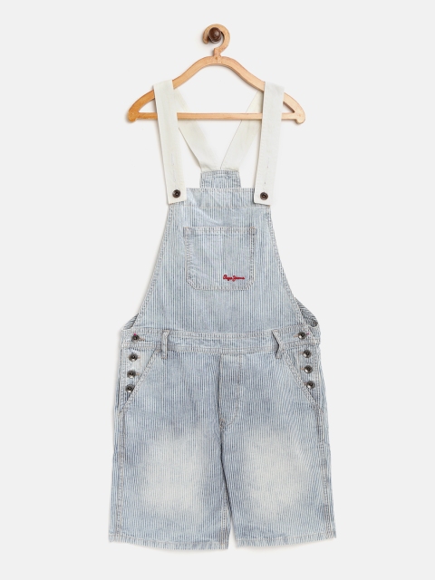 

Pepe Jeans Girls Blue & White Striped Denim Dungarees With Washed Effect