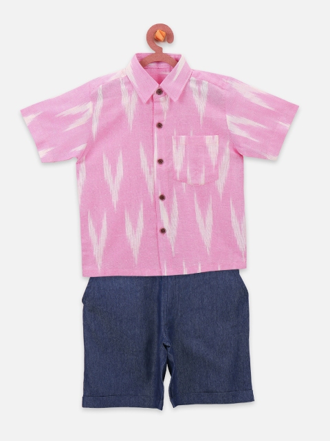 

LilPicks Boys Mauve & Navy Blue Ikat Shirt with Denim Shorts