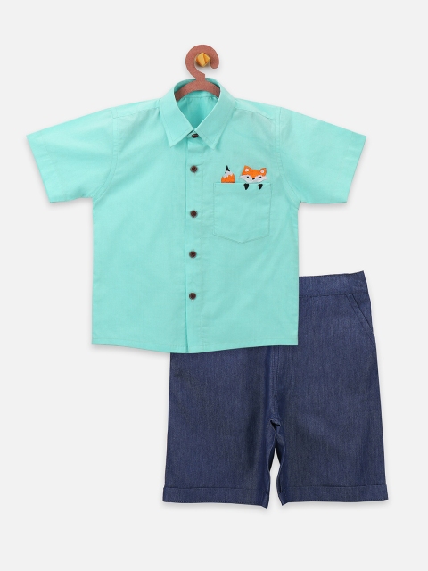 

LilPicks Boys Sea Green & Navy Blue Embroidered Shirt with Denim Shorts