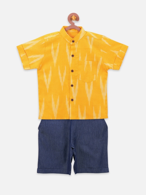 

LilPicks Boys Yellow & Navy Blue Ikat Shirt with Shorts