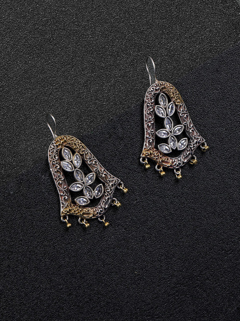 

Priyaasi Gold-Toned Oxidised Silver-Plated CZ Studded Circular Drop Earrings