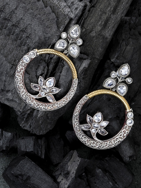 

Priyaasi Oxidised Silver-Plated CZ Studded Circular Drop Earrings