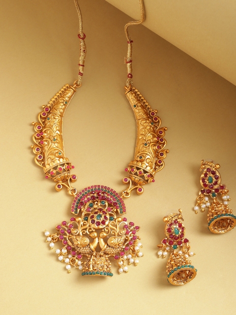 

Priyaasi Maroon Antique Gold-Plated Stone-Studded & Beaded Handcrafted Jewellery Set