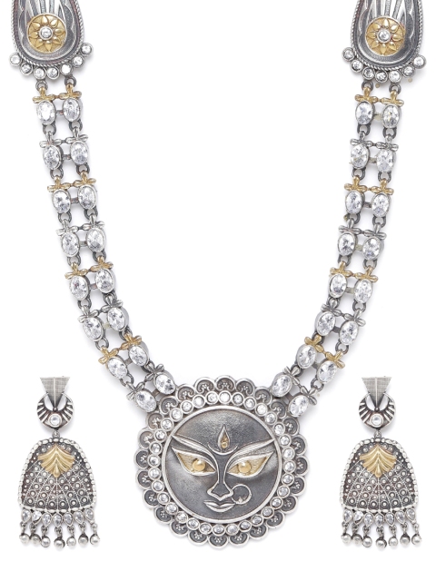 

Priyaasi Gold-Toned Oxidised Silver-Plated CZ-Studded Temple Jewellery Set