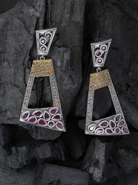 

Priyaasi Pink Oxidised Silver-Plated Stone Studded Geometric Drop Earrings