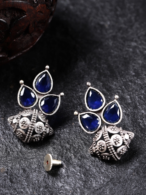 

Priyaasi Blue Oxidised Silver-Plated Stone Studded Classic Drop Earrings