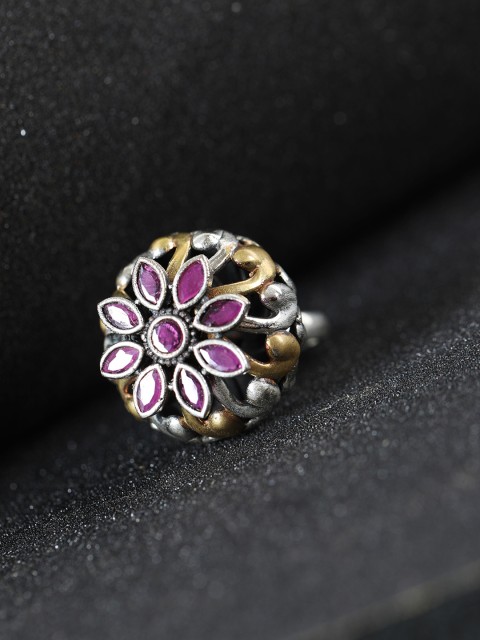 

Priyaasi Purple Oxidised Silver-Plated Stone Studded Rotating Adjustable Finger Ring