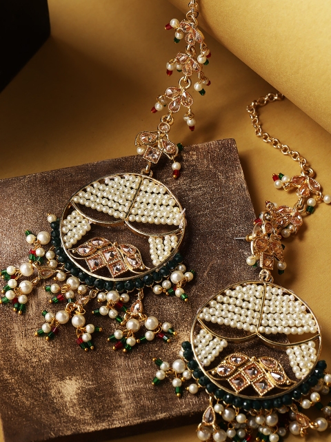 

Priyaasi Off-White & Green Gold-Plated Beaded Circular Drop Earrings with Chain