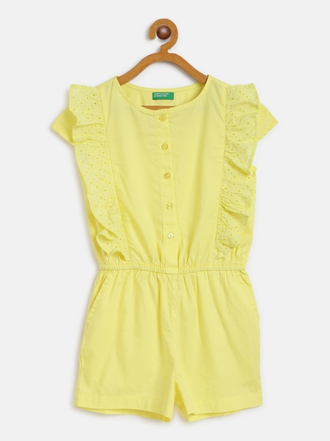 

United Colors of Benetton Girls Yellow Ruffled Playsuit with Schiffli Embroidered Detail