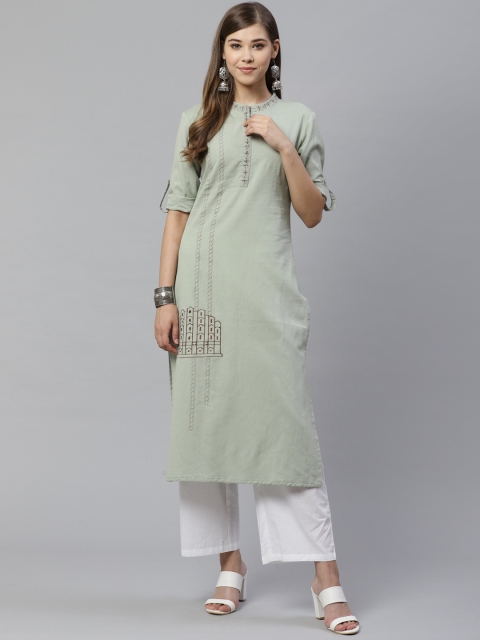 

Yufta Women Green & Brown Embroidered Straight Kurta
