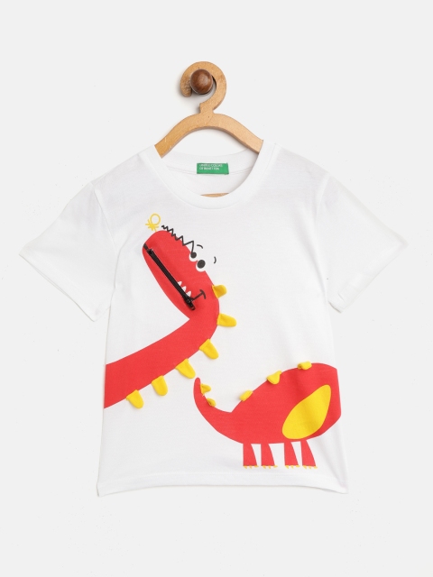 

United Colors of Benetton Boys White & Orange Dinosaur Printed Round Neck T-shirt