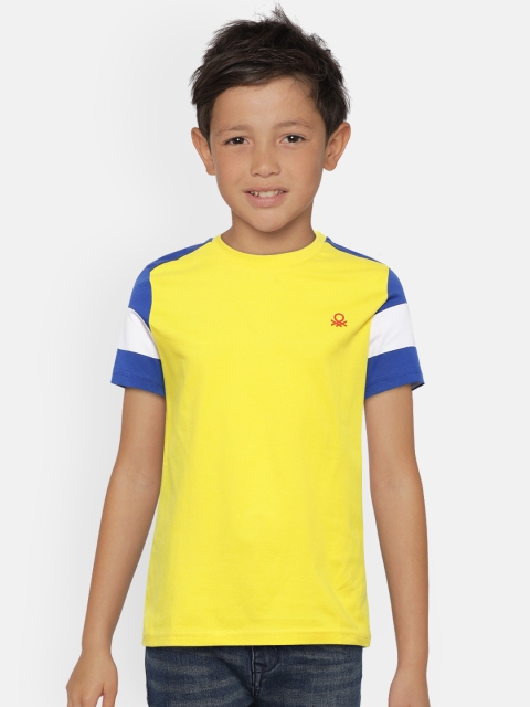 

United Colors of Benetton Boys Yellow Blue Striped Round Neck Pure Cotton T-shirt