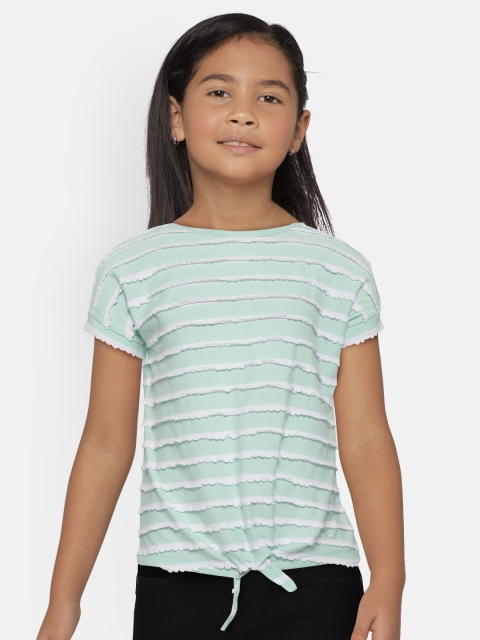 

United Colors of Benetton Girls Sea Green & White Striped Top With Lace Inserts