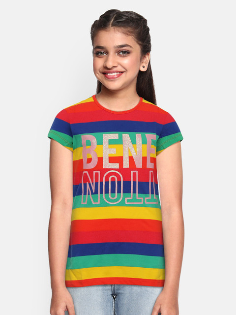 

United Colors of Benetton Girls Multicoloured Striped Round Neck Pure Cotton T-shirt, Multi