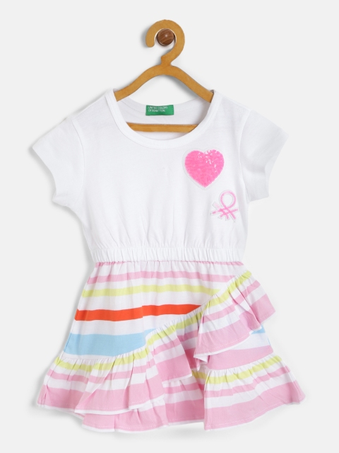 

United Colors of Benetton Girls White and Pink Striped A-Line Dress