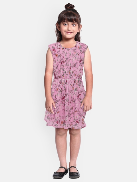 

United Colors of Benetton Girls Pink Floral Printed Pleated A-Line Dress