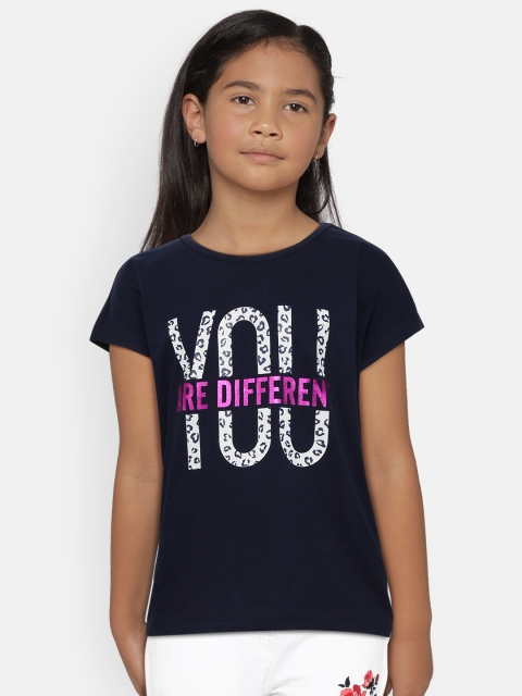 

United Colors of Benetton Girls Navy Blue Printed Round Neck Pure Cotton T-shirt